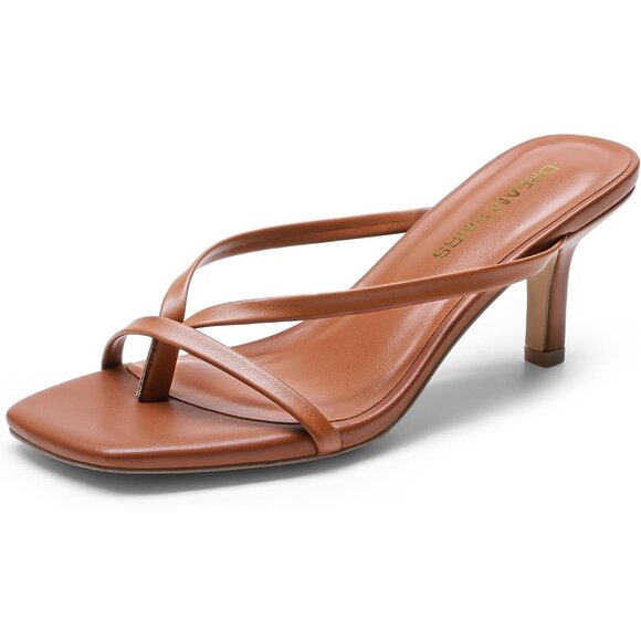 Dream Pairs Women Brown Faux Leather Open Square Toe Thong Kitten Heeled Sandals - Picture 1 of 7